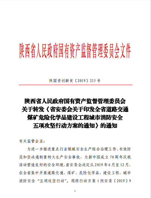 陕西省人民政府国有资产监视治理委员会关于转发《省安委会关于印发全省交通煤矿化学品建设工程都会消防清静五项攻坚行动方案的通知》的通知-易彩堂官网